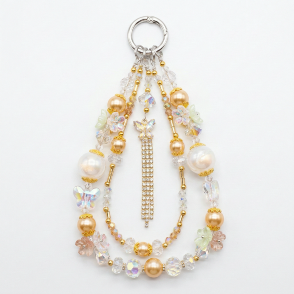 Luxury Crystal Pearl Phone Charm | Butterfly Floral Beaded Phone Strap | Elegant Phone Lanyard